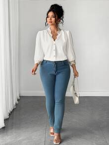Velvienne Plus Size Women's French Elegant Commute Casual Daily Lace Patchwork White Shirt, 3/4 Sleeve White Shirt, Suitable For Daily Outings, Workplace Commute, Office Wear, Women's Versatile Top, Summer/Autumn - White - View 8