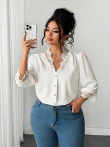 Velvienne Plus Size Women's French Elegant Commute Casual Daily Lace Patchwork White Shirt, 3/4 Sleeve White Shirt, Suitable For Daily Outings, Workplace Commute, Office Wear, Women's Versatile Top, Summer/Autumn - White - View 3