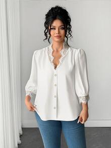 Velvienne Plus Size Women's French Elegant Commute Casual Daily Lace Patchwork White Shirt, 3/4 Sleeve White Shirt, Suitable For Daily Outings, Workplace Commute, Office Wear, Women's Versatile Top, Summer/Autumn - White - View 6