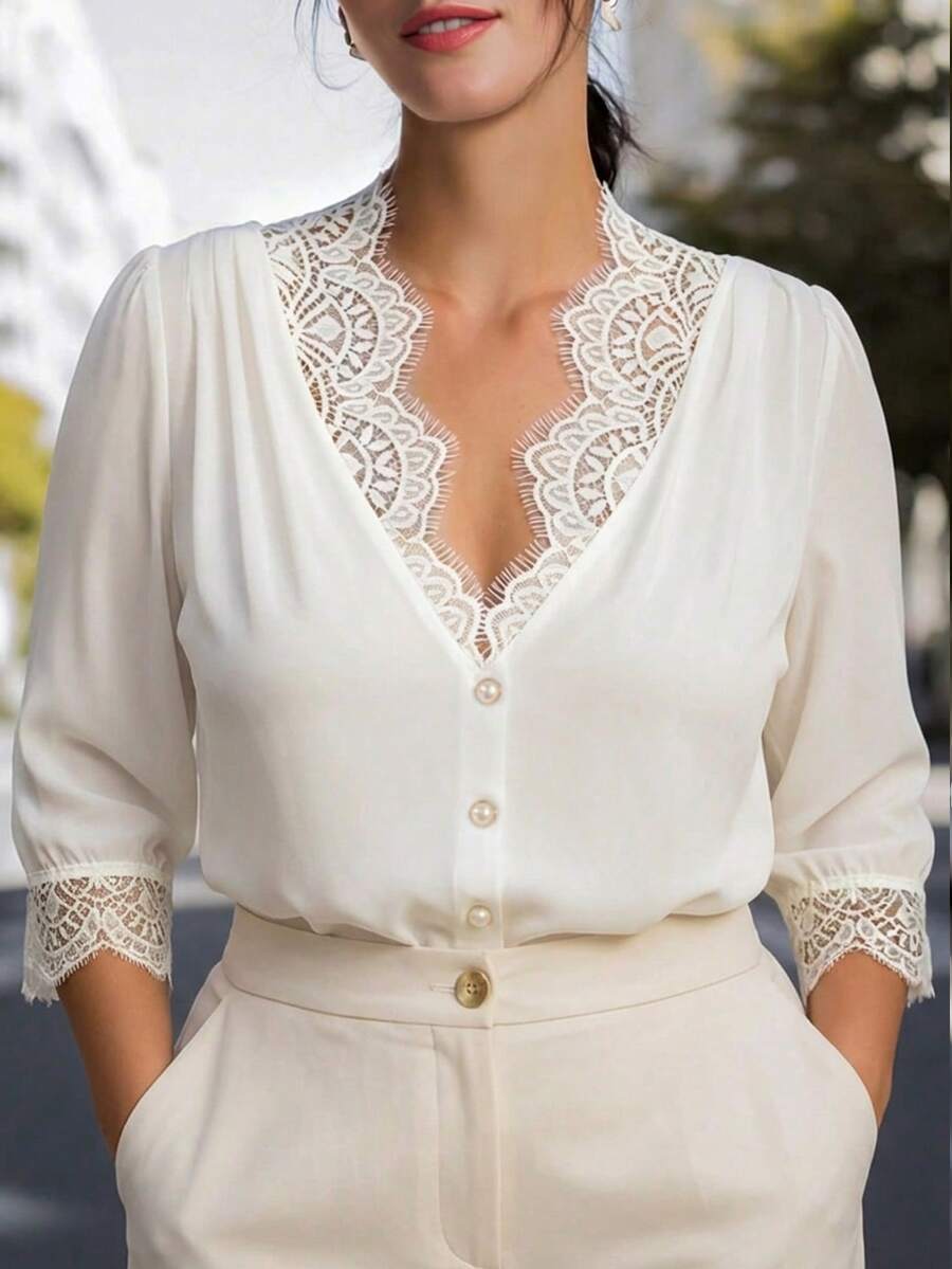 Velvienne Plus Size Women's French Elegant Commute Casual Daily Lace Patchwork White Shirt, 3/4 Sleeve White Shirt, Suitable For Daily Outings, Workplace Commute, Office Wear, Women's Versatile Top, Summer/Autumn - White - View 1