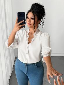 Velvienne Plus Size Women's French Elegant Commute Casual Daily Lace Patchwork White Shirt, 3/4 Sleeve White Shirt, Suitable For Daily Outings, Workplace Commute, Office Wear, Women's Versatile Top, Summer/Autumn - White - View 10
