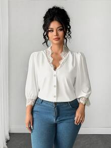 Velvienne Plus Size Women's French Elegant Commute Casual Daily Lace Patchwork White Shirt, 3/4 Sleeve White Shirt, Suitable For Daily Outings, Workplace Commute, Office Wear, Women's Versatile Top, Summer/Autumn - White - View 7