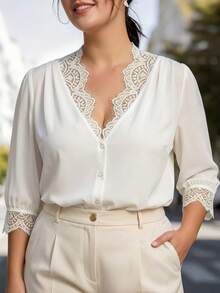 Velvienne Plus Size Women's French Elegant Commute Casual Daily Lace Patchwork White Shirt, 3/4 Sleeve White Shirt, Suitable For Daily Outings, Workplace Commute, Office Wear, Women's Versatile Top, Summer/Autumn - White - View 4
