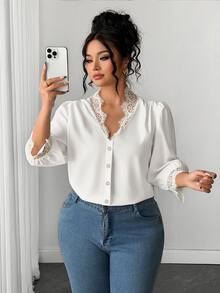 Velvienne Plus Size Women's French Elegant Commute Casual Daily Lace Patchwork White Shirt, 3/4 Sleeve White Shirt, Suitable For Daily Outings, Workplace Commute, Office Wear, Women's Versatile Top, Summer/Autumn - White - View 9