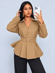 SOLERSUN Women's Shirt Collar Button Flared Peplum Hem Wool Blend JacketDaily Leisure Perfect Vacations And Parties - Khaki - View 4