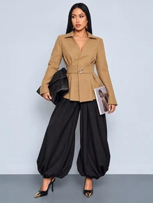 SOLERSUN Women's Shirt Collar Button Flared Peplum Hem Wool Blend JacketDaily Leisure Perfect Vacations And Parties - Khaki - View 2
