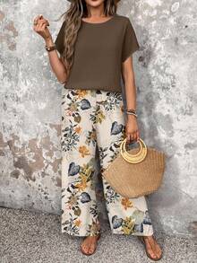 EMERY ROSE 2pcs/Set Women Casual Floral Pattern Round Neck Top And Loose Pants, Versatile Outfit Suitable For Spring And Autumn Fall Clothes For Women Fall Outfit Boho Pants,Casual - Brown - View 4