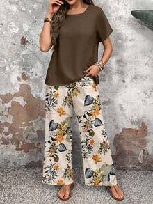 EMERY ROSE 2pcs/Set Women Casual Floral Pattern Round Neck Top And Loose Pants, Versatile Outfit Suitable For Spring And Autumn Fall Clothes For Women Fall Outfit Boho Pants,Casual - Brown - View 6