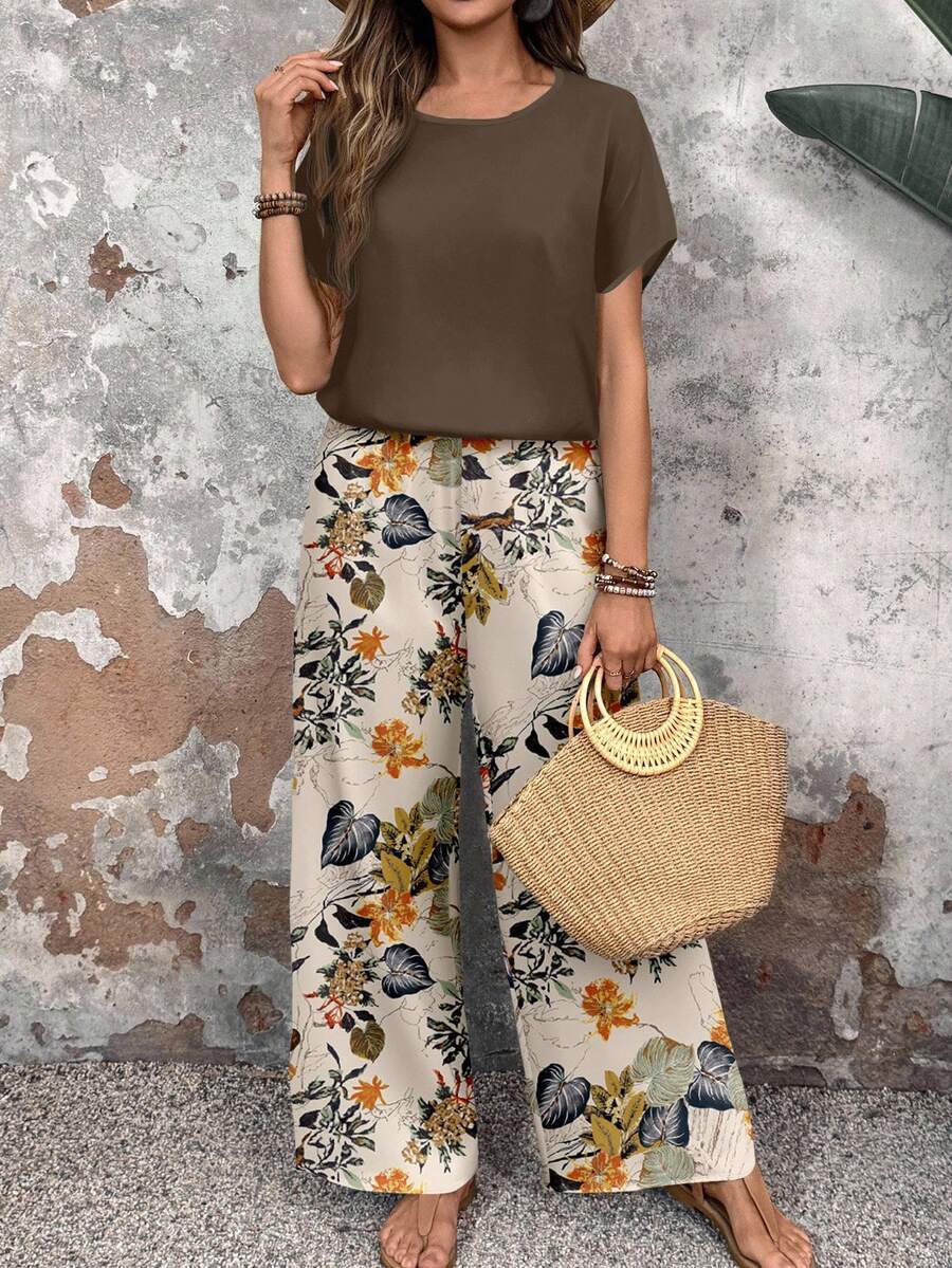 EMERY ROSE 2pcs/Set Women Casual Floral Pattern Round Neck Top And Loose Pants, Versatile Outfit Suitable For Spring And Autumn Fall Clothes For Women Fall Outfit Boho Pants,Casual
