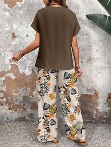 EMERY ROSE 2pcs/Set Women Casual Floral Pattern Round Neck Top And Loose Pants, Versatile Outfit Suitable For Spring And Autumn Fall Clothes For Women Fall Outfit Boho Pants,Casual - Brown - View 3