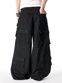 ROMWE MEN Men's Loose Fit Cargo Jeans - Black - View 3