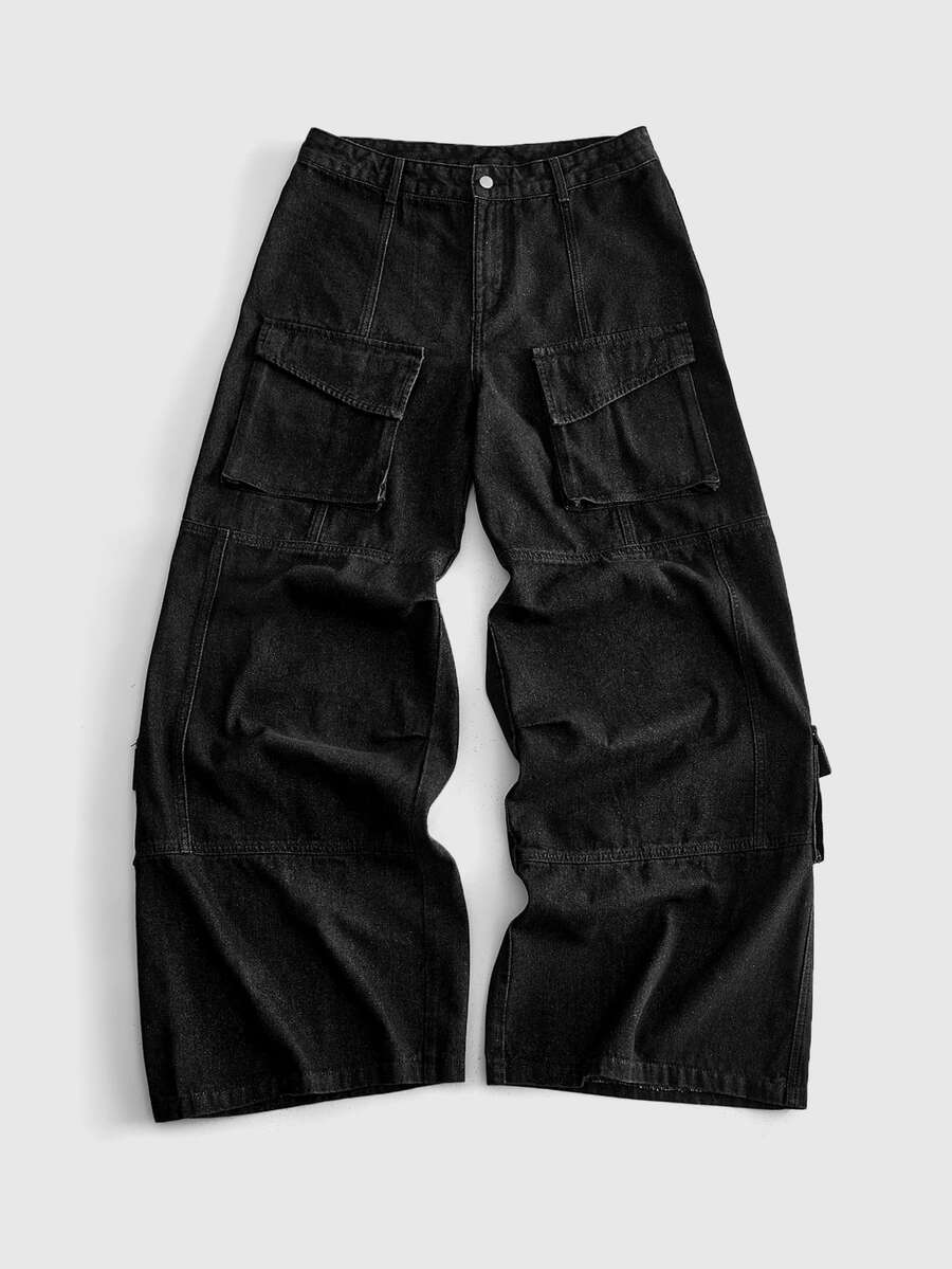 ROMWE MEN Men's Loose Fit Cargo Jeans - Black - View 1