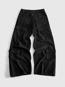 ROMWE MEN Men's Loose Fit Cargo Jeans - Black - View 2