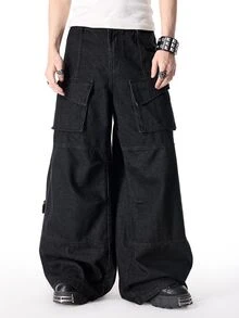 ROMWE MEN Men's Loose Fit Cargo Jeans - Black - View 4