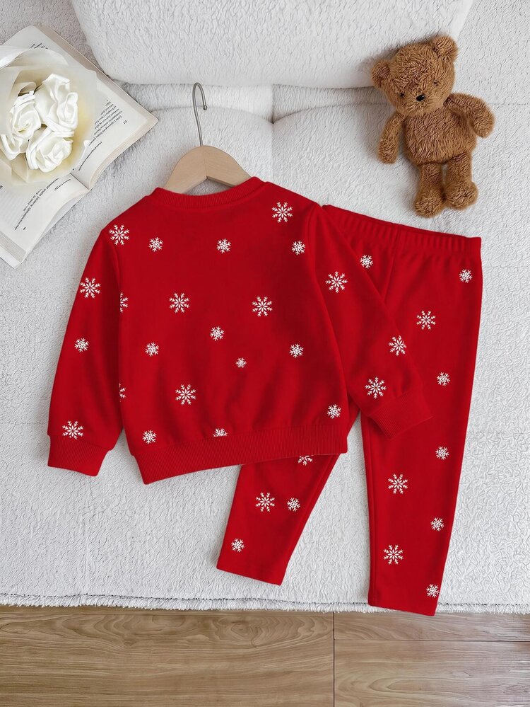 Baby & Toddler Girl Reindeer Print Sweatshirt & Snowflake Leggings 2 Pieces Set, Cute Red Holiday Casual Outfit For Christmas Party And Winter - Multicolor - View 3