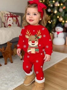 嬰兒與幼童女童馴鹿印花衛衣與雪花圖案內搭褲 2 件套，可愛紅色節日休閒套裝，適合聖誕派對與冬季穿著 - 彩色 - 查看 1