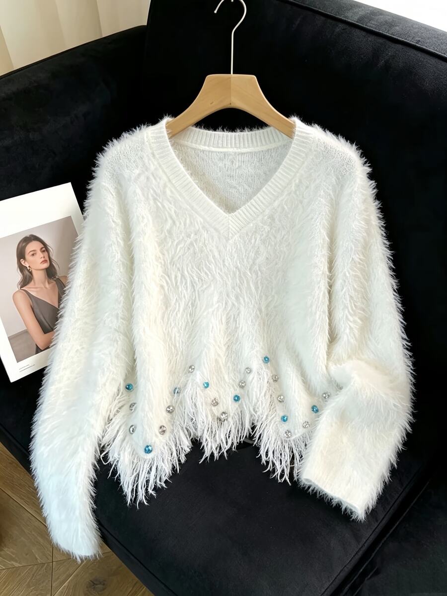 Elenzga Women's Autumn New Arrival V-Neck Hand-Beaded Hem Fringe Fashion Design Faux Mink Fur Soft Comfortable Knit Pullover Long Sleeve Versatile Commute Sweater Top - White - View 1