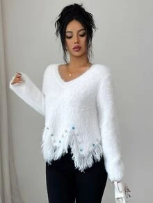 Elenzga Women's Autumn New Arrival V-Neck Hand-Beaded Hem Fringe Fashion Design Faux Mink Fur Soft Comfortable Knit Pullover Long Sleeve Versatile Commute Sweater Top - White - View 5