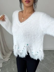 Elenzga Women's Autumn New Arrival V-Neck Hand-Beaded Hem Fringe Fashion Design Faux Mink Fur Soft Comfortable Knit Pullover Long Sleeve Versatile Commute Sweater Top - White - View 7