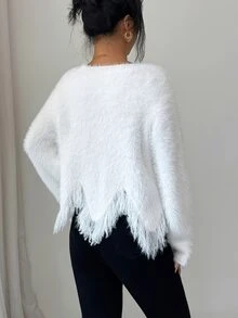 Elenzga Women's Autumn New Arrival V-Neck Hand-Beaded Hem Fringe Fashion Design Faux Mink Fur Soft Comfortable Knit Pullover Long Sleeve Versatile Commute Sweater Top - White - View 2