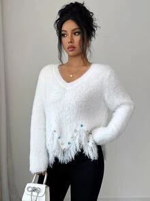 Elenzga Women's Autumn New Arrival V-Neck Hand-Beaded Hem Fringe Fashion Design Faux Mink Fur Soft Comfortable Knit Pullover Long Sleeve Versatile Commute Sweater Top - White - View 8