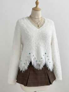 Elenzga Women's Autumn New Arrival V-Neck Hand-Beaded Hem Fringe Fashion Design Faux Mink Fur Soft Comfortable Knit Pullover Long Sleeve Versatile Commute Sweater Top - White - View 3