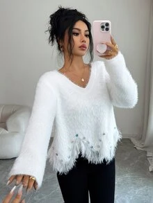 Elenzga Women's Autumn New Arrival V-Neck Hand-Beaded Hem Fringe Fashion Design Faux Mink Fur Soft Comfortable Knit Pullover Long Sleeve Versatile Commute Sweater Top - White - View 4
