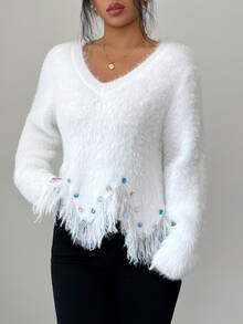 Elenzga Women's Autumn New Arrival V-Neck Hand-Beaded Hem Fringe Fashion Design Faux Mink Fur Soft Comfortable Knit Pullover Long Sleeve Versatile Commute Sweater Top - White - View 6
