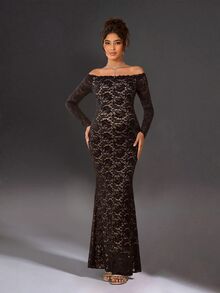 Cheriluna Maternity Đầm bầu màu đen ren thanh lịch, trễ vai, ôm sát, dáng đuôi cá, thích hợp cho chụp ảnh. - màu đen - Xem 1