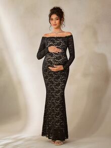 Cheriluna Maternity Đầm bầu màu đen ren thanh lịch, trễ vai, ôm sát, dáng đuôi cá, thích hợp cho chụp ảnh. - màu đen - Xem 4