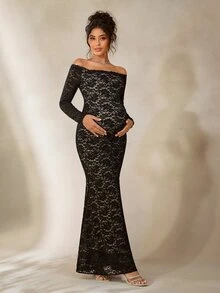 Cheriluna Maternity Đầm bầu màu đen ren thanh lịch, trễ vai, ôm sát, dáng đuôi cá, thích hợp cho chụp ảnh. - màu đen - Xem 6