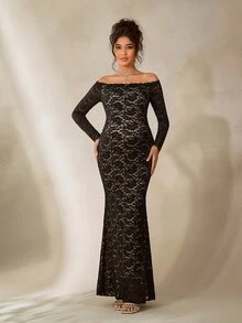 Cheriluna Maternity Đầm bầu màu đen ren thanh lịch, trễ vai, ôm sát, dáng đuôi cá, thích hợp cho chụp ảnh. - màu đen - Xem 2