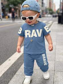 Casual Cowboy Smart Blue Contrast Cute Animal Number Letter Print Short Sleeve Crew Neck T-Shirt Matching Cuffed Long Holiday Family Matching - Multicolor - View 2