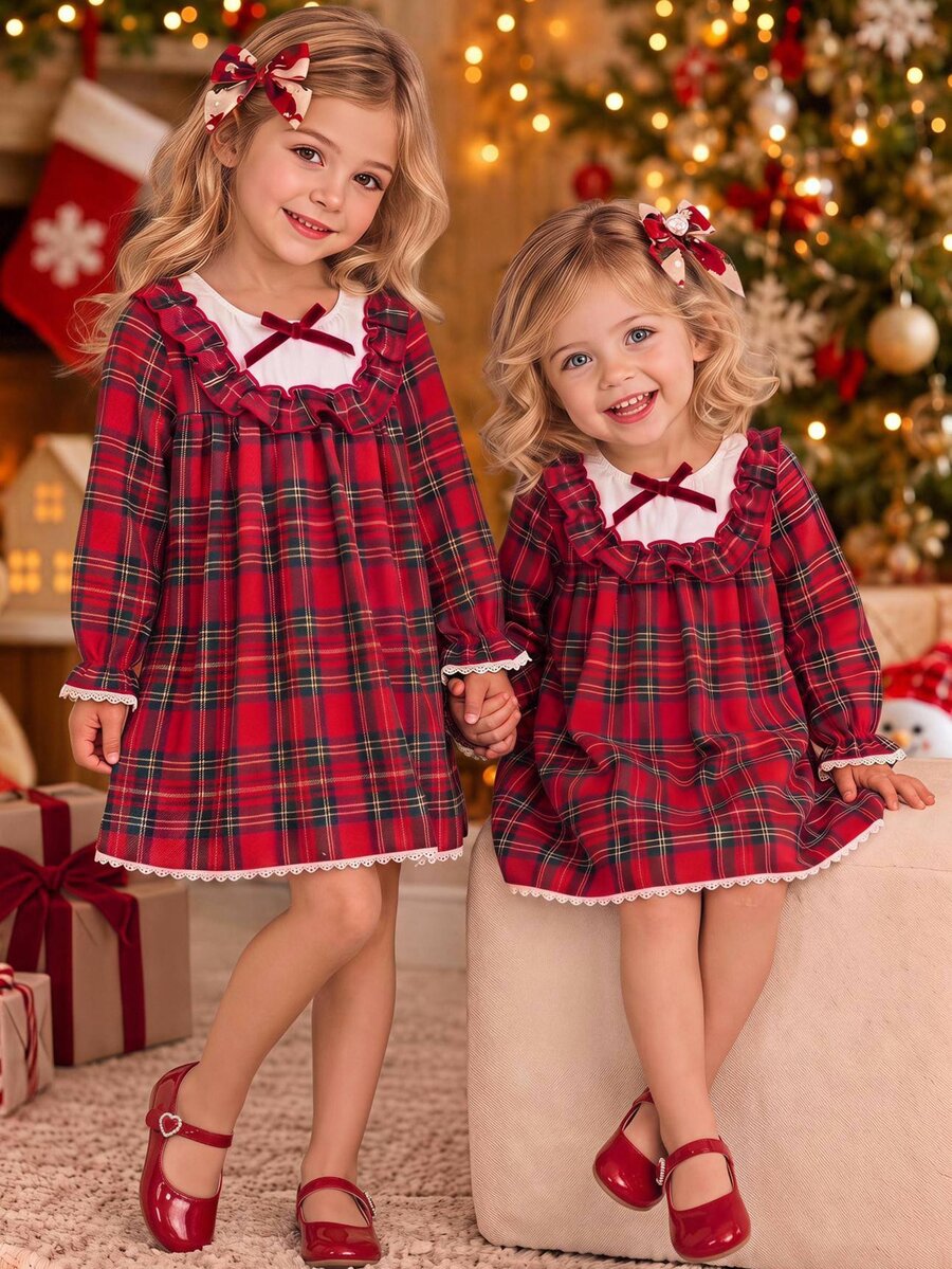 SHEIN Babygirl Cute College Style Colorblock Ruffle Hem Dress Doll Dress - Red - View 1