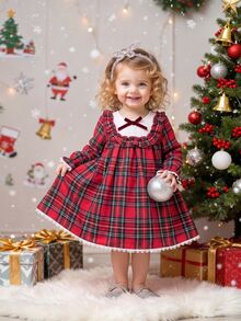 SHEIN Babygirl Cute College Style Colorblock Ruffle Hem Dress Doll Dress - Red - View 4