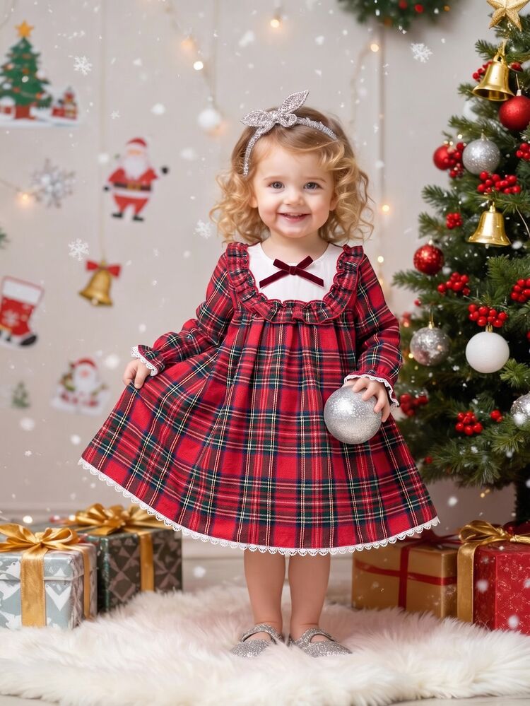SHEIN Babygirl Cute College Style Colorblock Ruffle Hem Dress Doll Dress - Red - View 4