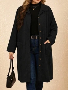 SHEIN CURVE+ Jaket Kasual Ukuran Besar Serbaguna Warna Polos, Musim Gugur/Musim Dingin - Hitam - View 6