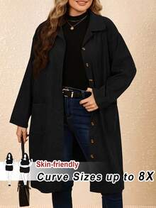 SHEIN CURVE+ Jaket Kasual Ukuran Besar Serbaguna Warna Polos, Musim Gugur/Musim Dingin - Hitam - View 5