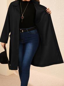 SHEIN CURVE+ Jaket Kasual Ukuran Besar Serbaguna Warna Polos, Musim Gugur/Musim Dingin - Hitam - View 8