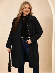 SHEIN CURVE+ Jaket Kasual Ukuran Besar Serbaguna Warna Polos, Musim Gugur/Musim Dingin - Hitam - View 4