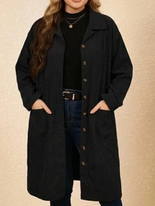 SHEIN CURVE+ Jaket Kasual Ukuran Besar Serbaguna Warna Polos, Musim Gugur/Musim Dingin - Hitam - View 3