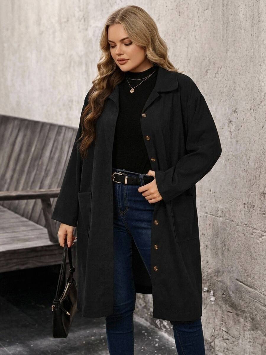 SHEIN CURVE+ Jaket Kasual Ukuran Besar Serbaguna Warna Polos, Musim Gugur/Musim Dingin - Hitam - View 1