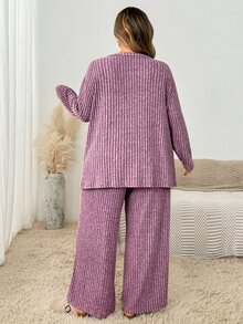 SHEIN CURVE+ Plus Drop Shoulder Button Front Coat & Wide Leg Pants Set Fall - Mauve Purple - View 2