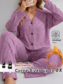 SHEIN CURVE+ Plus Drop Shoulder Button Front Coat & Wide Leg Pants Set Fall - Mauve Purple - View 5