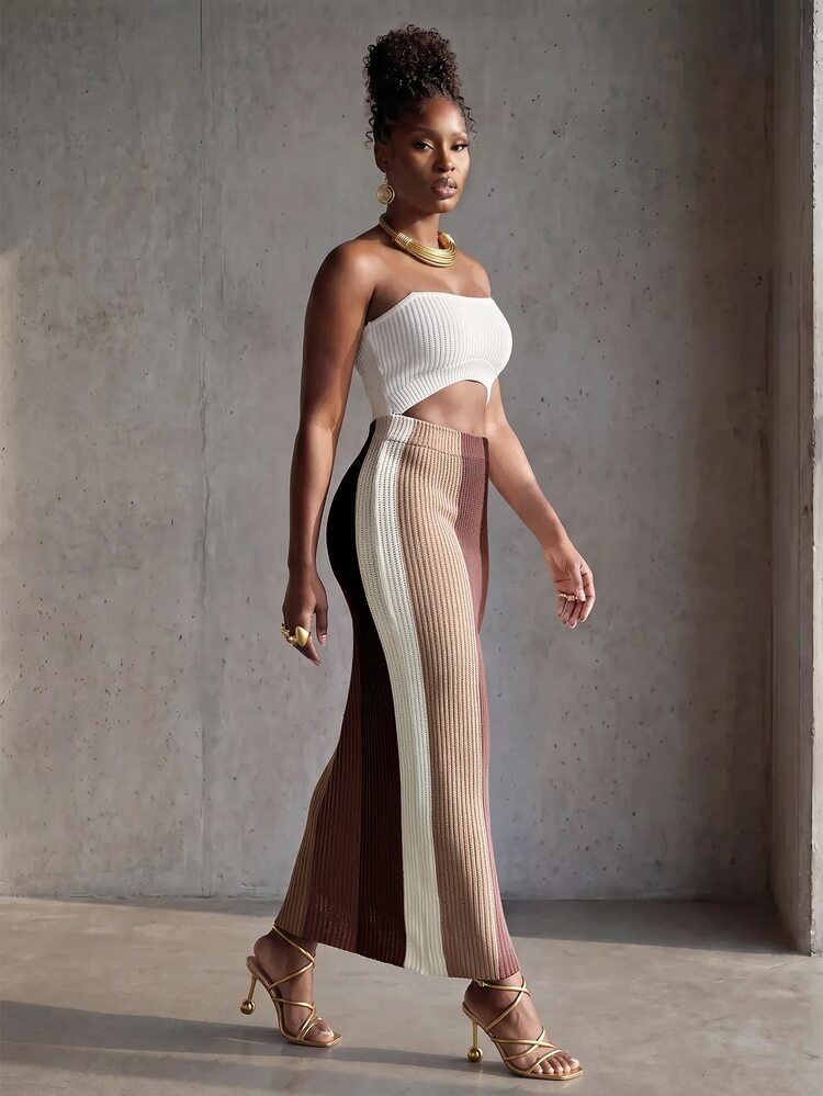 BamGlimmer Women's Colorblock Cutout Design Bandeau Slim Fit Sexy Knit Dress Date Going Out White Dark Brown Autumn - Brown - View 4
