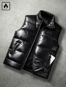 SLATEMANN 男士立領絎縫填充背心，拉鍊無袖夾克，小貼布裝飾，亮面休閒戶外背心，適合秋季 - 黑色 - 查看 1