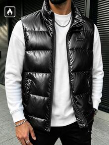 SLATEMANN 男士立領絎縫填充背心，拉鍊無袖夾克，小貼布裝飾，亮面休閒戶外背心，適合秋季 - 黑色 - 查看 3