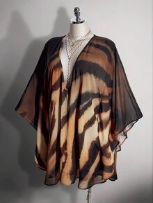 SHEIN ICON 大尺碼復古性感千禧風Y2K簡約優雅日常休閒度假派對深V領虎紋雪紡寬鬆罩衫洋裝 - 彩色 - 查看 3
