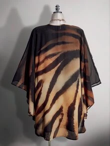 SHEIN ICON 大尺碼復古性感千禧風Y2K簡約優雅日常休閒度假派對深V領虎紋雪紡寬鬆罩衫洋裝 - 彩色 - 查看 2