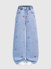 SHEIN Girls' Oversized Cute Casual Loose Fit Straight Leg Jeans, Light Blue Washed Cotton With Embroidered Butterfly Decor, Summer School Everyday - Light Wash - View 2